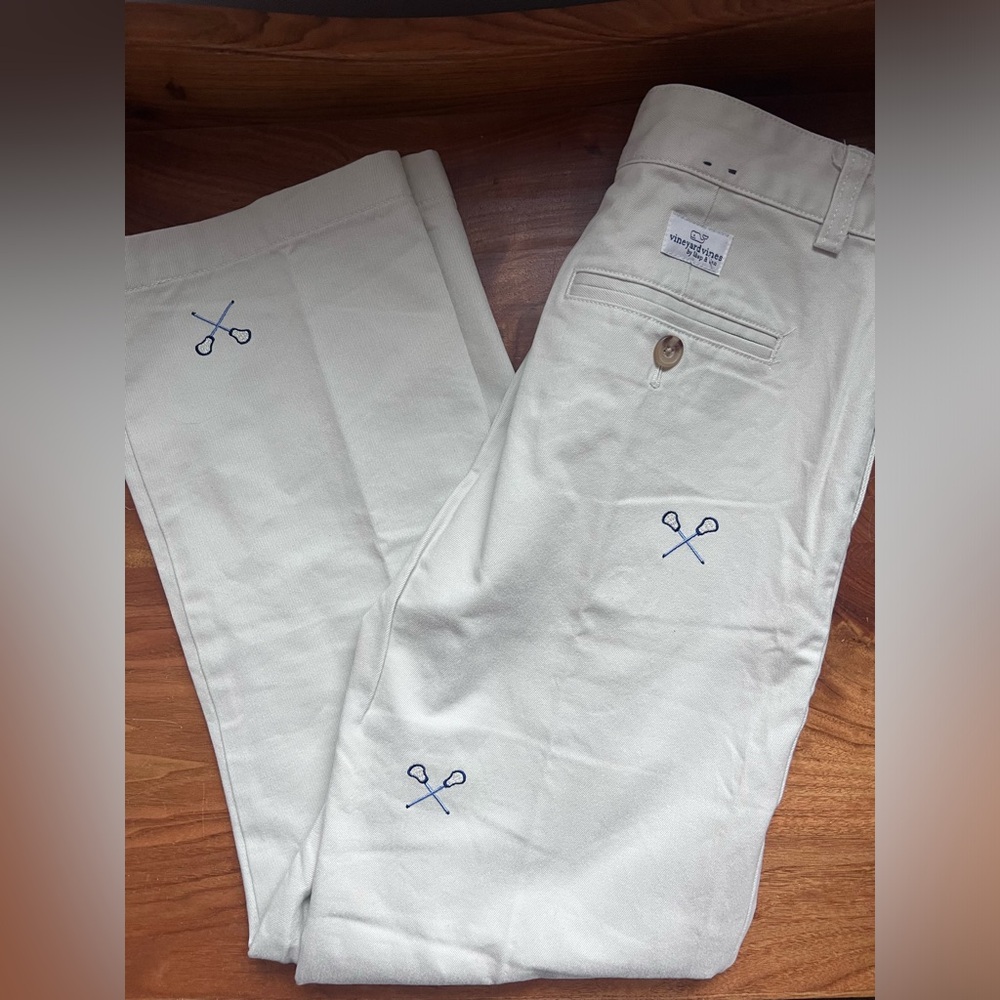 Vineyard Vines Relaxed Fit Preppy Khaki Pants with embroidered lacrosse detail.